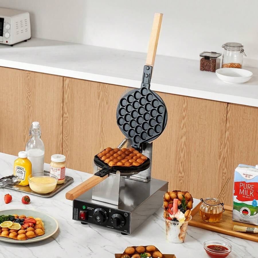 Commercial Bubble Waffle Maker, 1400W Egg Pancake Baker Machine, Non-Stick Stainless Steel Egg Bubble Puff, 180° Rotatable, Temp And Time Control, Wooden Handle, For Restaurant Bakery Snack Bar - Bubble Waffle, 1P (Single Plate) - View 1