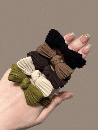 5pcs Coffee Color Bow Scrunchies, Casual Minimalist Daily Hair Accessories, Suitable For Women, Autumn, Travel, Hair Styling Tools, Women's Accessories, Hair Care Products