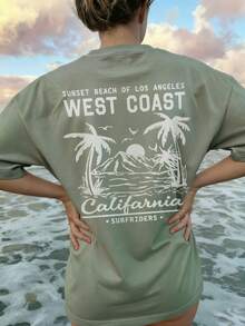 Women's New Summer Casual Round Neck Short Sleeve T-Shirt, Simple Versatile Palm Tree Slogan Print Top, Suitable For Daily Wear. Graphic Tee, Vacation - Green - View 7