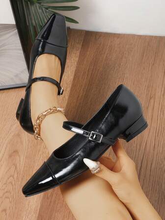 Zapatos de mujer de charol negro con punta cuadrada y tacón bajo tipo Mary Jane, zapatos versátiles para ir a la oficina y para uso diario
