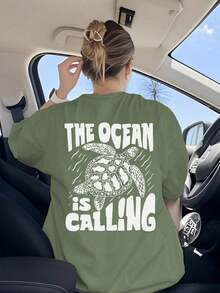 2026 Summer ShirtWomen's Summer New Simple Turtle And Slogan Print Casual Holiday Style Loose Versatile Round Neck Short Sleeve T-Shirt Fashionable Daily Tops Suitable For Daily Vacation WearLoose And Comfortablesummer Tops - 綠色 - 查看 6