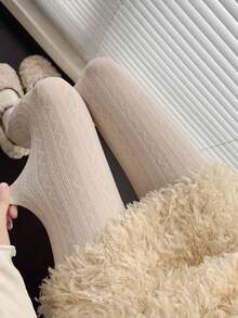 1pc Women's Casual Versatile White Textured Leggings, High Stretch, Retro Pattern Tights, Suitable For Spring And Autumn - milky white - View 3