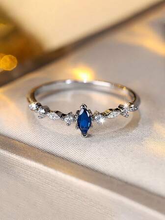 1ชิ้น แหวนเพชรทรงหยดน้ำ คิวบิกเซอร์โคเนีย หรูหราสีฟ้า, ปาร์ตี้ผู้หญิง, ทางการ, เครื่องประดับแฟชั่นประจำวัน, ตัวเลือกของขวัญวันหยุด