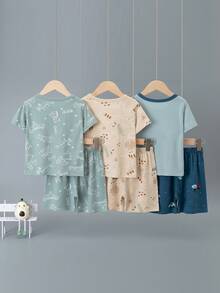 6pcs/Set Boys' Cartoon Dinosaur & Car Print Short Sleeve Shorts Pajama Set, Lightweight Home Clothes - Multicolor - View 2