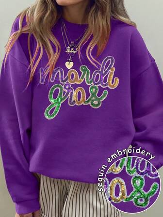 Sequin Embroidered Mardi Gras Crawfish Carnival Sweatshirt, Cute Women's Oversized Crew Neck Long Sleeve High-Quality Fleece Casual Pullover Sweatshirt, Fall/Winter Fashion 2026