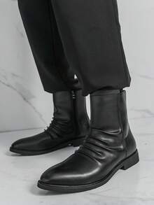 男士时尚休闲切尔西靴，西部风格侧拉链设计，舒适百搭，适合户外、商务、休闲场合穿着 - 黑色 - 查看 2