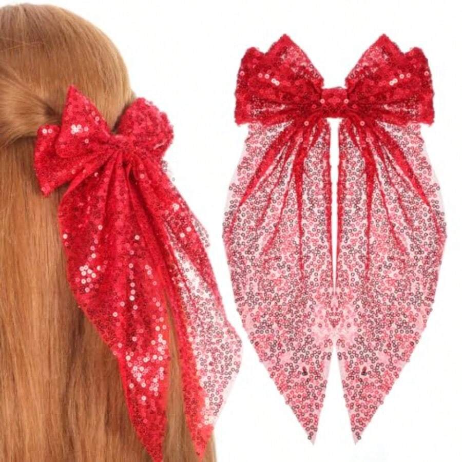 YUIO-Healeved Pinzas Para El Cabello Con Lazo Grande De Lentejuelas Brillantes 2 Clips Rojo Para Niñas Y Mujeres Accesorios Para Fiesta Y Día De San ValentíN - Rojo - Ver 1
