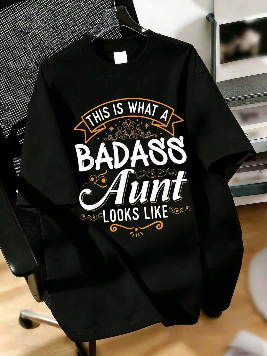 Plus Size Fashion T-Shirt This Is What An Aunt-To-Be Looks Like Slogan Print Casual Black Summer - Black - View 1