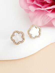 1 Pair Minimalist Sweet Cute Clover & Rhinestone Flower Stud Earrings, Suitable For Girls Daily Wear - one-size - View 4