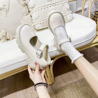 Women's British Style Leather Loafers, Spring/Autumn New Buckle Platform Mary Jane Casual Shoes
