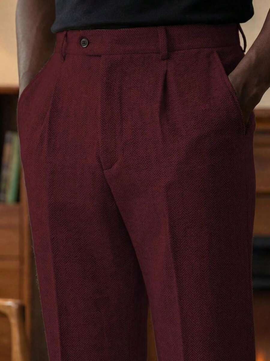 Mens Pants Tweed Herringbone Vintage Dress Pant Trousers Regular Fit Suit Pants For Men - 酒紅色 - 查看 1