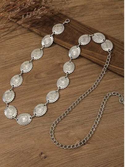 1pc Floral Print Boho Silver Metal Chain Belt, Suitable For Jeans, Dresses, Daily Wear, Parties, Music Festivals