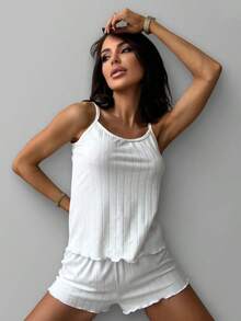 Bộ đồ ngủ nữ 2 món màu trắng thanh lịch gồm áo hai dây và quần short. - trắng - Xem 1