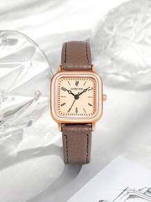 1pc LUCKYFOX Quartz Watch With Leather Strap, Minimalist Square Dial Design, Suitable For Daily Life, Youth & Student - Khaki - View 2