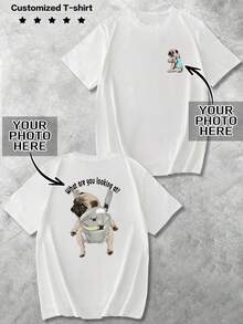 Customized Unisex T-Shirt, Casual Loose Fit, Suitable For Spring/Summer, Vacation, Outdoor, Personalized Graphic Design, Upload Your Photo/Couple/Family/Pet/Friend/Landscape, Men's Round Neck Tee, Short Sleeve White Top, Holiday/Birthday/Anniversary Photo Customized Gift, Personalized Casual T-Shirt, Spring/Summer Short Sleeve - White - View 3