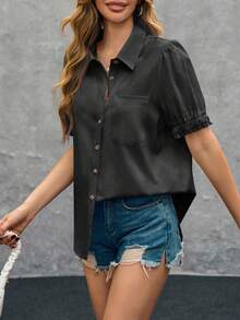 Women's Collared V Neck Button Down Shirt Summer Linen Puff Short Sleeve Loose Casual Work Blouse - 黑色 - 查看 3