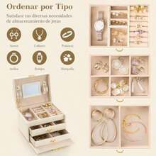 Joyero Organizador, Cajas para Joyas de 3 Niveles, Alajeros Joyeria Mujer de Cuero de Almacenamiento, Interior con Espejoo, Diseño Portátil, para Anillos, Pendientes, Pulseras y Collares(default) - Multicolor - Ver 4