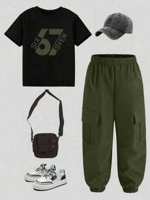 Tween Boy Letter Print Crew Neck Short Sleeve T-Shirt And Cargo Pants Casual Outfit - Black - View 1