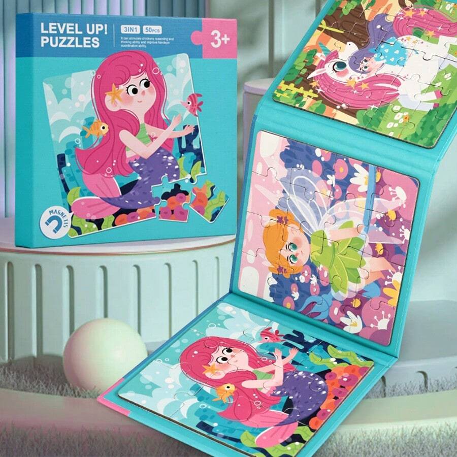 1pc Magnetic Puzzle Book, 30+Pcs, 6 Themes Available, Progressive Fun Puzzle, Rounded Corners + Strong Magnets To Prevent Falling, Children's Concentration Training Early Education Toy, 3-8 Years Old Kids Home Interaction / Kindergarten Enlightenment Tool. This Magnetic Puzzle Book Designed For Children Covers 6 Popular Themes Including Farm, Animals, Ocean, Etc. With Vibrant Cartoon Patterns To Easily Capture Kids' Interest. Printed With Soy-Based Ink And Rounded Edges.