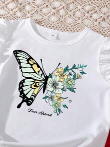 Tween Girl Butterfly & Flower Print T-Shirt With Front Button Skirt - Green - View 3