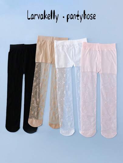 4 Pairs Girls Floral Jacquard Tights, Vacation Style Pantyhose For Girls, Suitable For Daily Wear, Spring/Summer