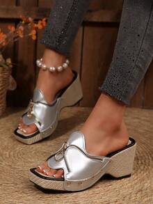 Sandalias de cuña con puntera abierta, tira en forma de chancla y cremallera para mujer de talla grande, para primavera/verano - Plateado - Ver 6