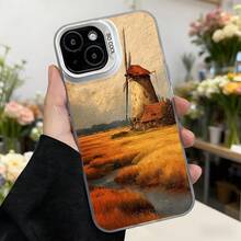 Cubierta de teléfono con diseño de molino de viento en campo dorado color beige con texto CASETO para uso diario y eventos al aire libre,Aplicable a los teléfonos de la serie Apple y Galaxy - Blanco - Ver 2