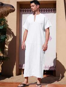 Middle Eastern Ramadan Men's Robe, Drop Shoulder Short Sleeve With Pockets, Extra Long Shirt, Spring/Summer - White - View 2