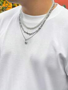 3pcs/Set Fashionable Punk Style Gemstone Pendant & Twisted Faux Pearl Chain, Suitable For Men's Daily Wear - Braided Chain Necklace - View 2