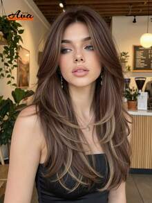 Ava WIGS 24英寸棕色渐变长直发层次感假发，带刘海，柔软易造型，耐热合成纤维，适合日常佩戴、工作、节日、假期、角色扮演，也是万圣节、圣诞节送给女性或女友的理想礼物。 - 挑染棕色 - 查看 1