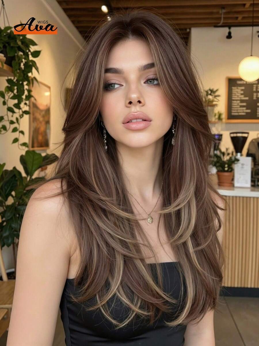 Ava WIGS 24英寸棕色渐变长直发层次感假发，带刘海，柔软易造型，耐热合成纤维，适合日常佩戴、工作、节日、假期、角色扮演，也是万圣节、圣诞节送给女性或女友的理想礼物。 - 挑染棕色 - 查看 1