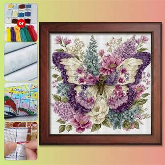 一套40x40厘米/15.7x15.7英寸DIY十字绣套件，无框，蝴蝶花卉图案，印花十字绣套件，家居装饰刺绣套装，包含绣布和绣线，适合客厅玄关或卧室装饰，也是一件精美的艺术品。