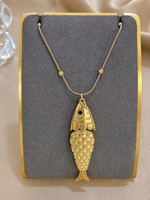 1Pc Shiny Gold Snake Chain Necklace With Textured Fish Pendant - 3D Scaled Fish Design, Lucky Nautical Jewelry For Daily Casual Stylish Looks,Valentine's Day Gift, Unisex - Multicolor - View 6