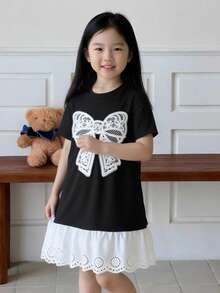 女童夏季手工大蝴蝶结装饰拼接荷叶边下摆圆领短袖连衣裙 - 黑色 - 查看 1