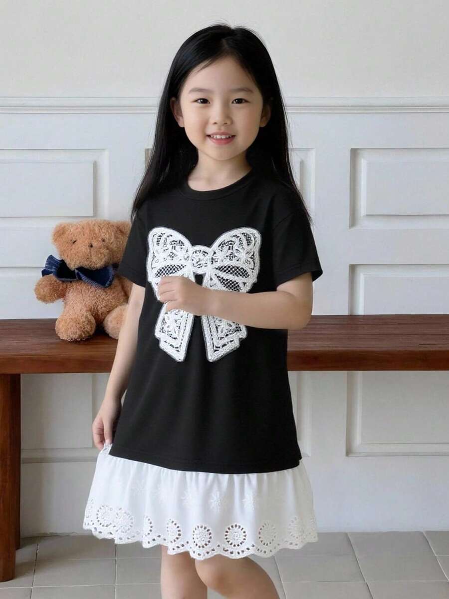 女童夏季手工大蝴蝶结装饰拼接荷叶边下摆圆领短袖连衣裙 - 黑色 - 查看 1
