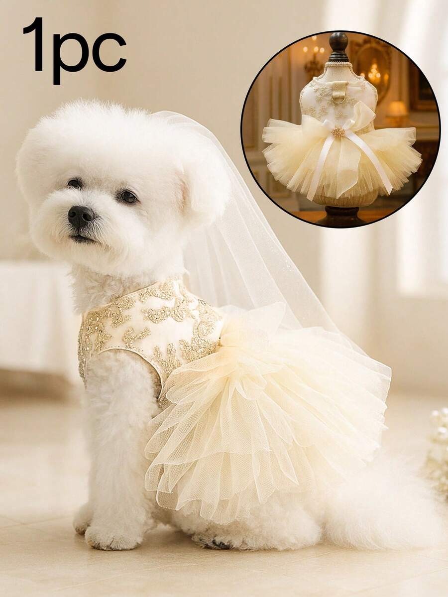 精致的狗狗薄纱连衣裙，雌性狗狗公主裙，幼犬蓬蓬裙，狗狗刺绣连衣裙，带牵引绳环的可爱狗狗服装，适合小型犬生日派对和婚礼。 - 彩色 - 查看 1