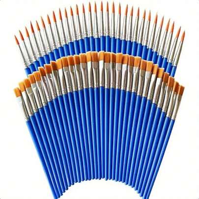 100 piezas/50 piezas/30 piezas/10 piezas Pinceles de pintura con mango de plástico azul, suministros de arte adecuados para dibujo de bellas artes, delineado