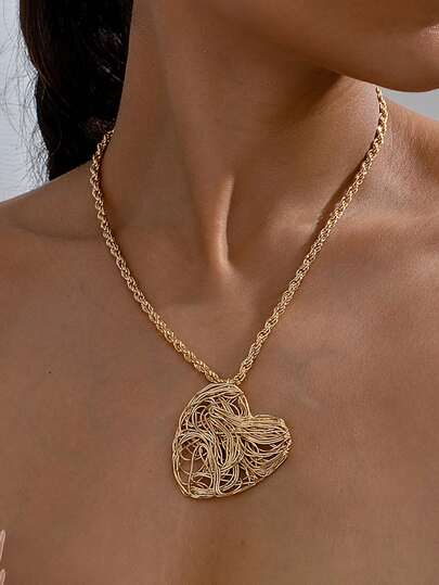 1 pieza Collar de mujer con corazón, cadena trenzada con colgante de corazón retorcido, joyería de metal dorado personalizada para días festivos y citas