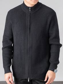 Men's Thick Zip-Up Cardigan, Long Sleeve Solid Color Sweater - Black - View 3