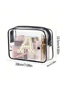 Bolsa de almacenamiento portátil de PVC transparente con toalla bordada con perlas blancas con letras de la A a la Z, organizador de maquillaje de gran capacidad, impermeable, con cremallera, bolsa de maquillaje, bolsa de cosméticos, organizador de vacaciones, bolsa de belleza, bolsa de tocador, regalo para dama de honor, recuerdo, regalo de cumpleaños para familiares y amigos, Día de San Valentín, temporada de bodas, Ramadán