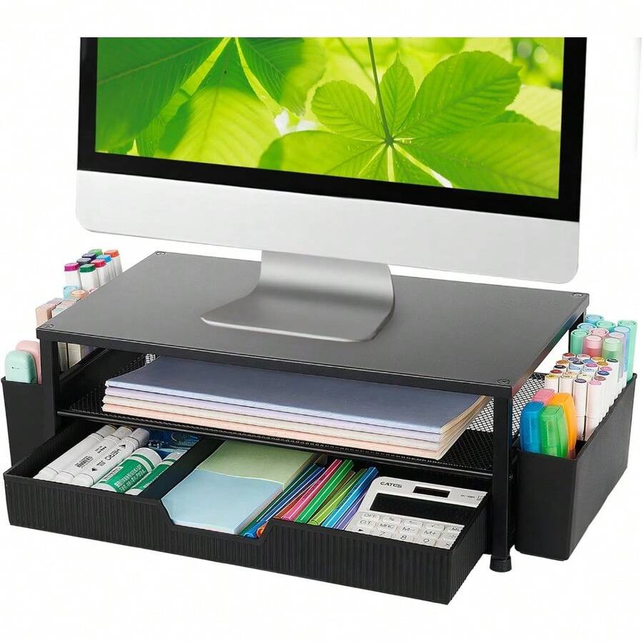 Desk Organizer And Accessories, 2-Tier Computer Monitor Stand Rise With Storage Drawer & 2 Pen Holders, Laptop & Printer Stand For Desktop, Workspace Organizers For Office Supplies (Black) - màu đen - Xem 1