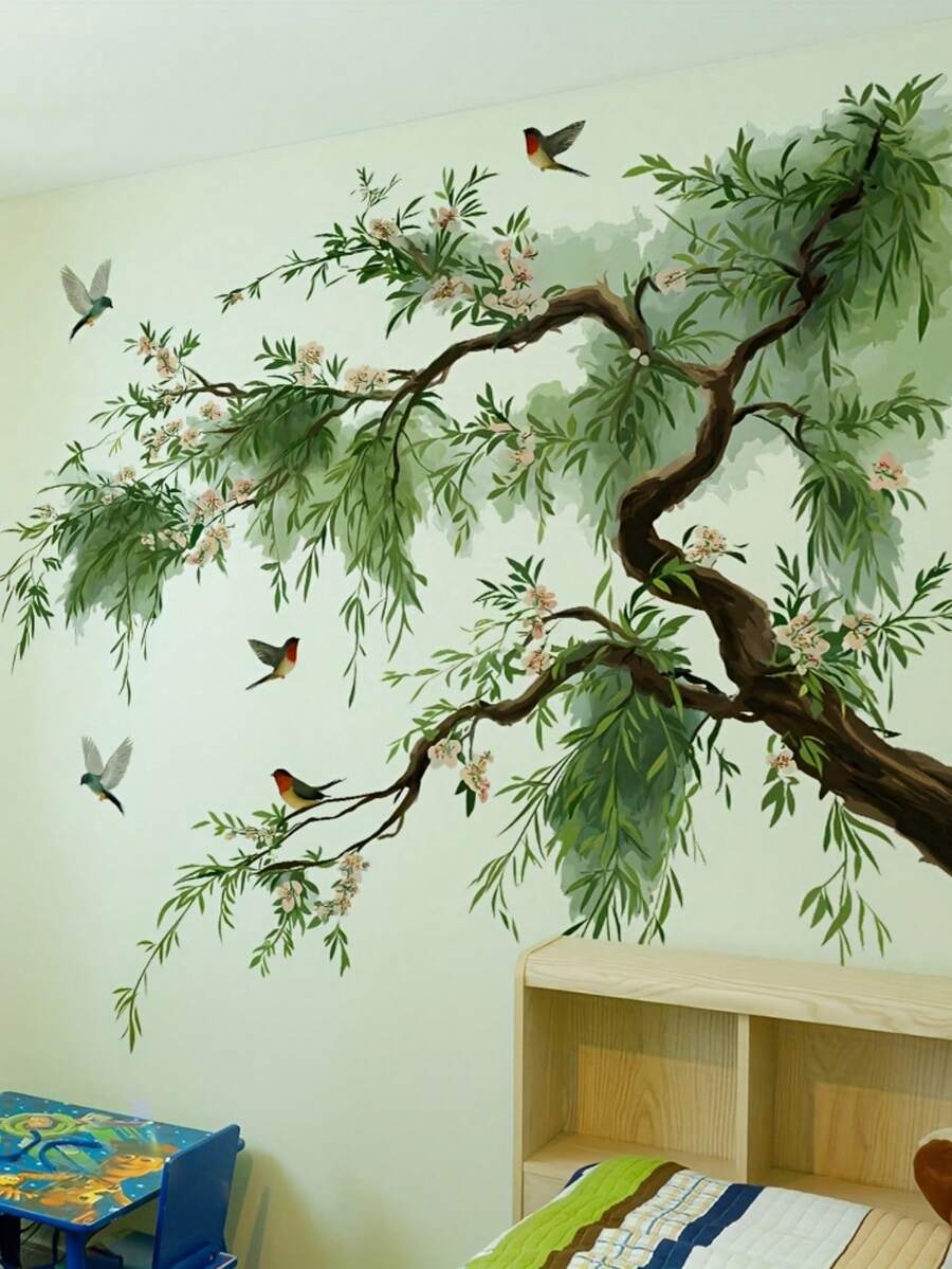 中式柳树鸟墙贴，可移除自粘纸，自然花卉装饰，适用于卧室、玄关和家居装饰墙贴。 - 彩色 - 查看 1