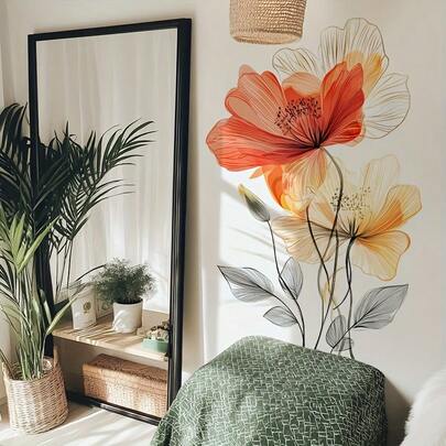 1 片自粘极简线条艺术花卉墙贴，橙黄渐变花卉客厅/卧室背景墙装饰，可移除贴纸