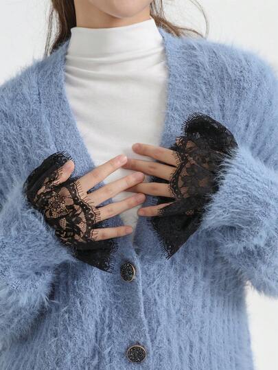 1 Pair Women's Elegant Lace Floral Pattern Flared Cuff Socks, Suitable For All Seasons