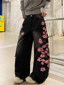 女士做旧刺绣阔腿牛仔裤，宽松舒适休闲街头风牛仔裤，后袋装饰（不含腰带/配饰），春季黑色 - 黑色 - 查看 6