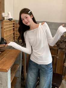 女士长袖T恤，肩部褶皱设计，修身打底衫，秋季新品 - 白色 - 查看 2