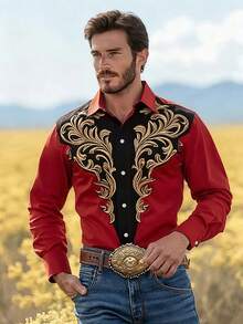 Men's Autumn Shirt, Fashionable 3D Print Long Sleeve Shirt, Red Printed Shirt - Red - View 1