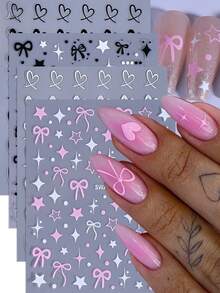 4片可爱浪漫星星爱心美甲贴纸，黑色粉色蝴蝶结爱心波点美甲贴花，3D自粘美甲装饰，适合女性、女孩、情人节、婚礼等场合。 - 彩色 - 查看 1