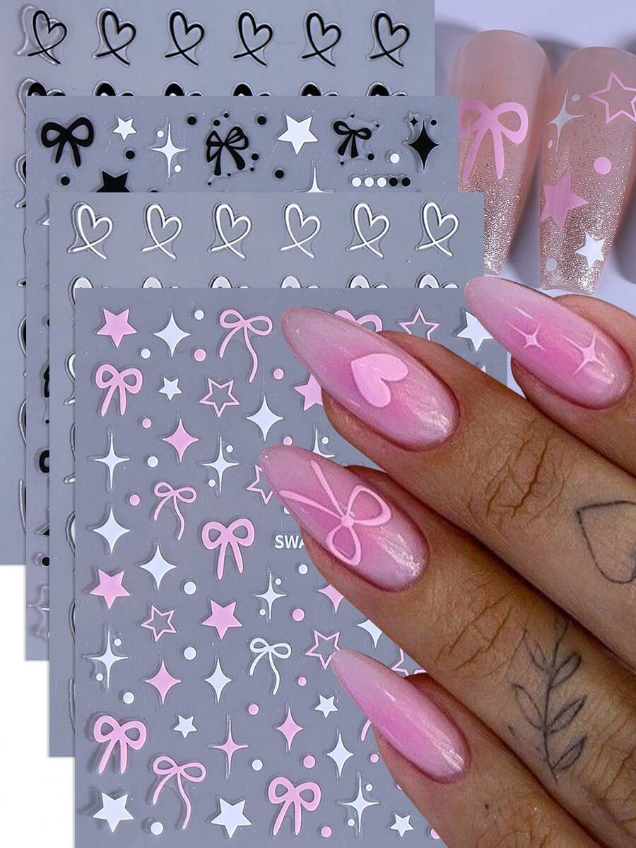 4片可爱浪漫星星爱心美甲贴纸，黑色粉色蝴蝶结爱心波点美甲贴花，3D自粘美甲装饰，适合女性、女孩、情人节、婚礼等场合。 - 彩色 - 查看 1