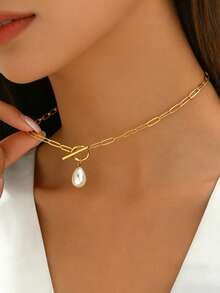 1pc Pearl Pendant Paperclip Toggle Necklace 18k Gold Plated Stainless Steel OT Buckle Baroque Pearl Pendant Chain Necklace Minimalist Fashion Jewelry Sutiable For Women Girls Daily Wear Perfect Gift For Women - Gold - View 3